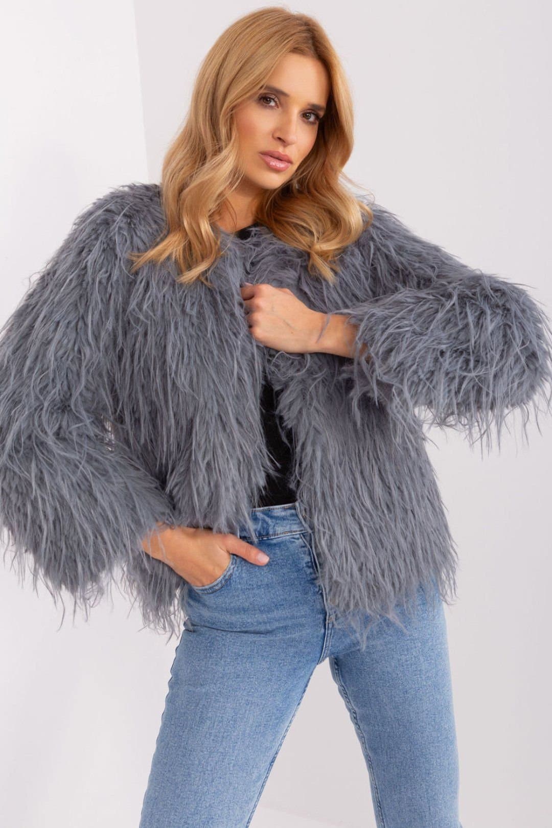 Love Lace Love Lace Women's Elegant Fur Trim Transitional Jacket in Grey
