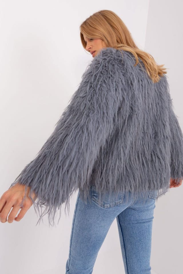 Love Lace Love Lace Women's Elegant Fur Trim Transitional Jacket in Grey - 3