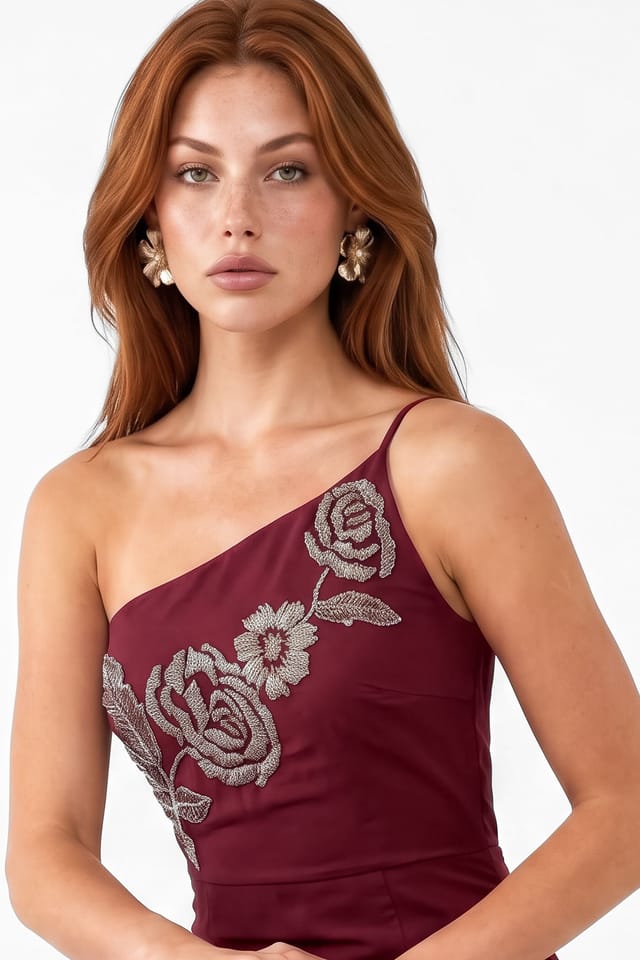 Maya Deluxe Maya Deluxe Women's Embellished Strappy One Shoulder Maxi Dress in Burgundy - 3