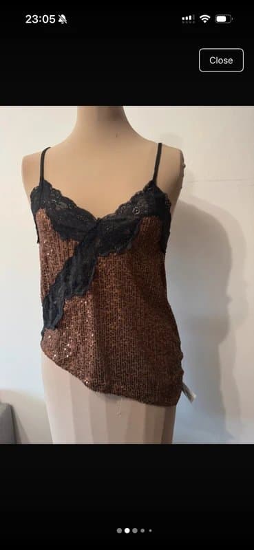 ASOS Design asymmetric sequin cami with lace trim in brown chocolate sparkle going out size 10