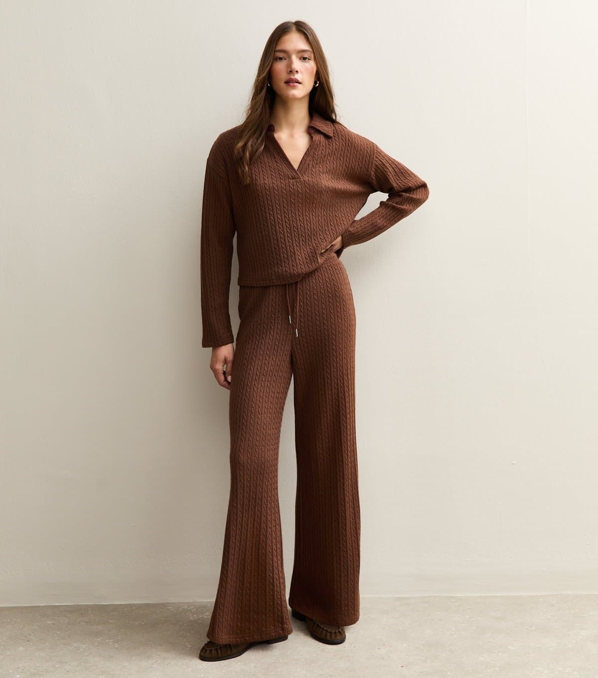 New Look Women's Brown Soft Touch Cable Knit Wide Leg Trousers New Look