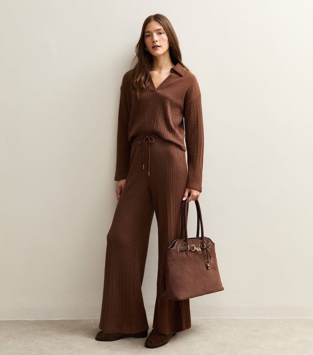 New Look Women's Brown Soft Touch Cable Knit Wide Leg Trousers New Look - 3