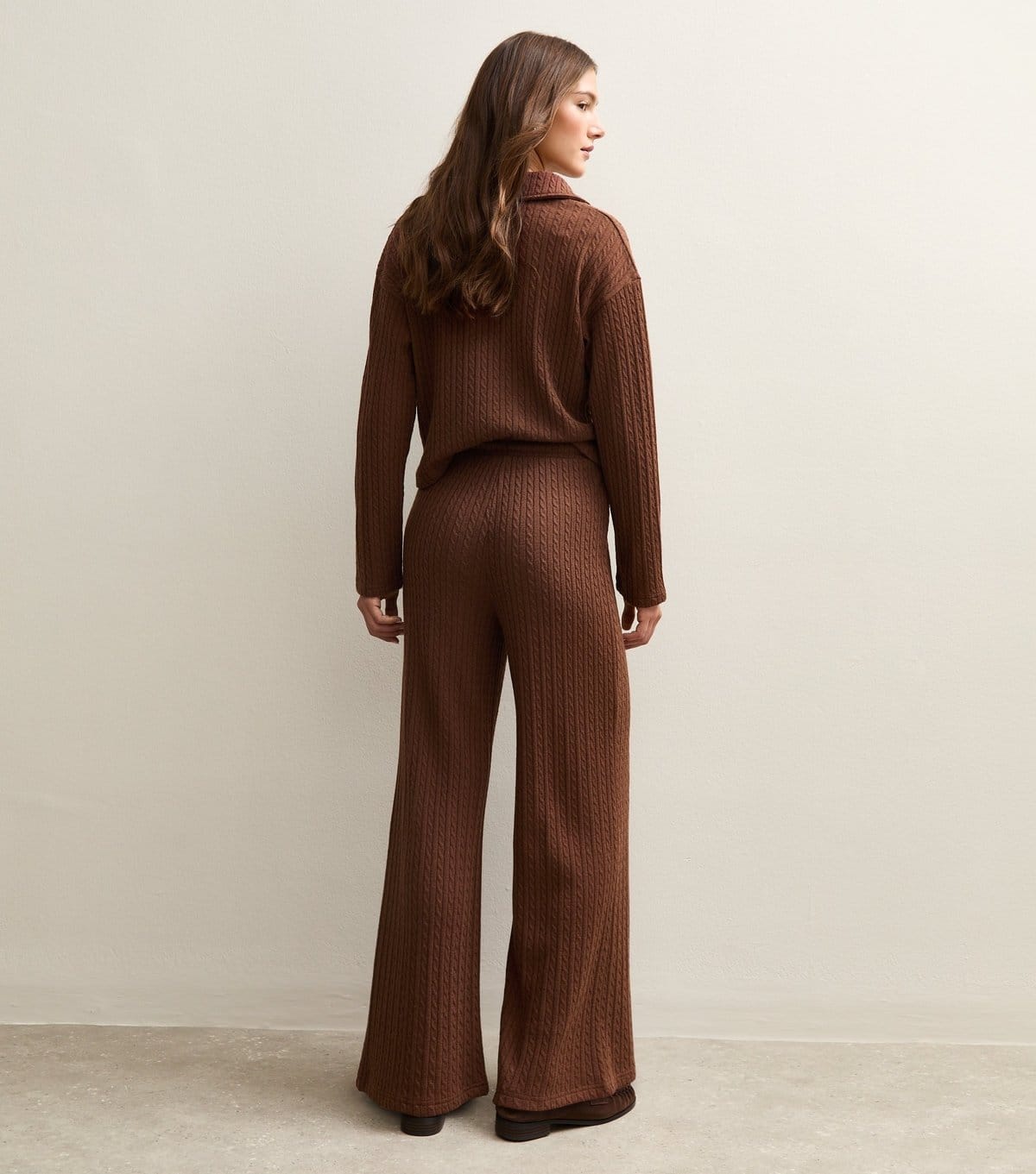 New Look Women's Brown Soft Touch Cable Knit Wide Leg Trousers New Look - 4