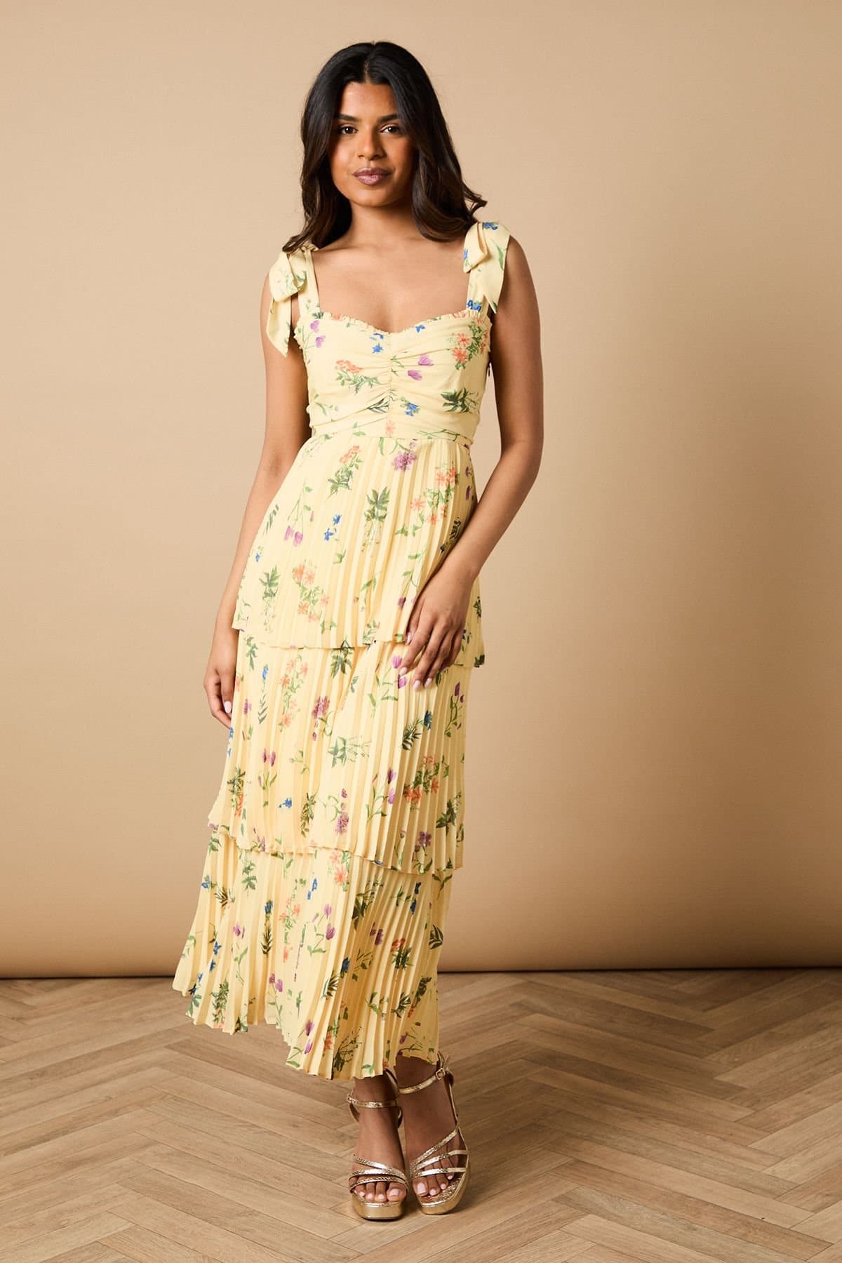 Oasis Oasis Women's Petite Floral Pleated Tie Shoulder Midi Dress in Lemon