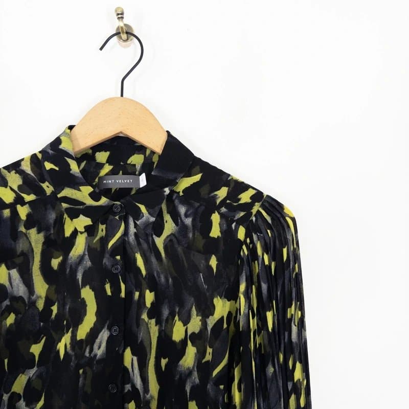 Mint Velvet Mint Velvet Animal Print Sheer Blouse Size 12 Black Lime Green Pleated Sleeve