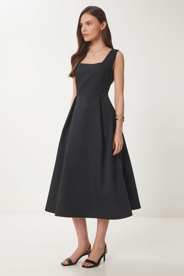 Happiness Istanbul Happiness Istanbul Women's Square Collar A-Form Midi Dress with Zipper Closure in Black - 2