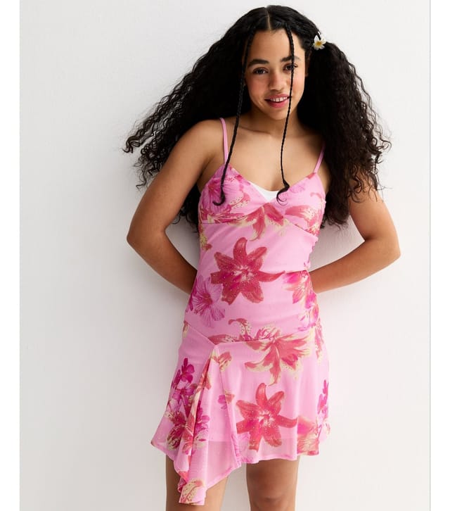 New Look Girls' Pink Stud Embellished Tropical Floral Print Mini Dress New Look - 2