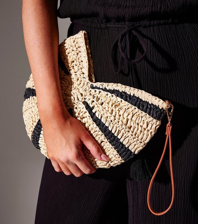 South Beach Black Striped Straw Seashell Shape Clutch South Beach New Look - 3