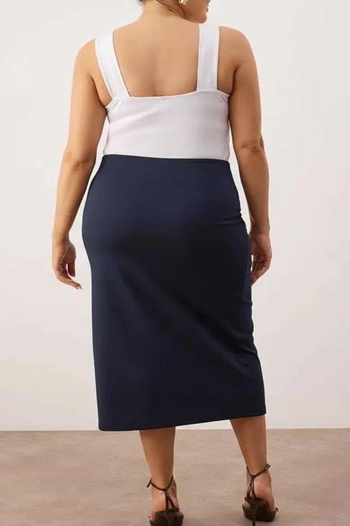 WOVCOR WOVCOR Women's Plain Split Hem Midi Pencil Skirt in Navy - 3