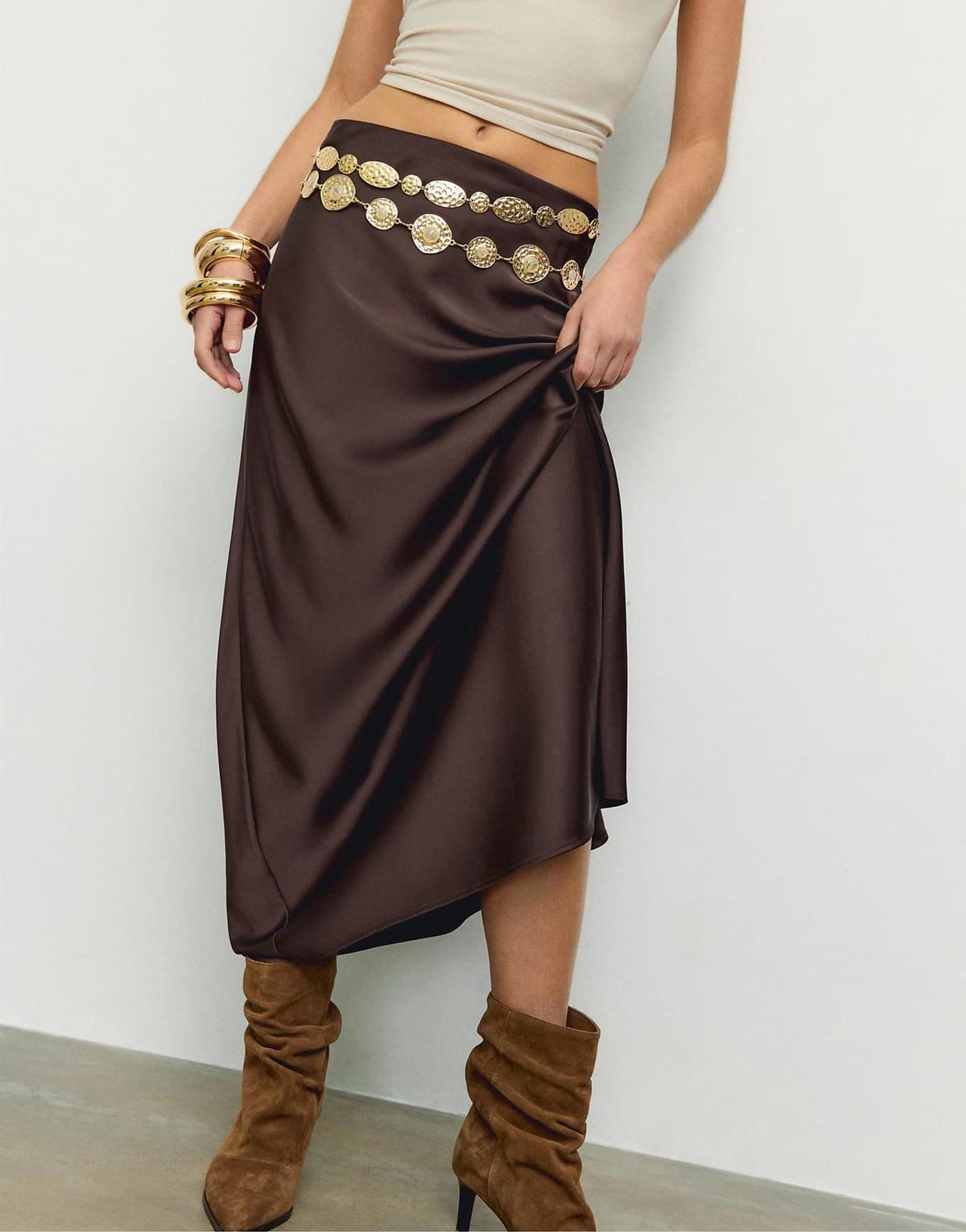 ASOS Stradivarius Satin midi skirt in brown - 1