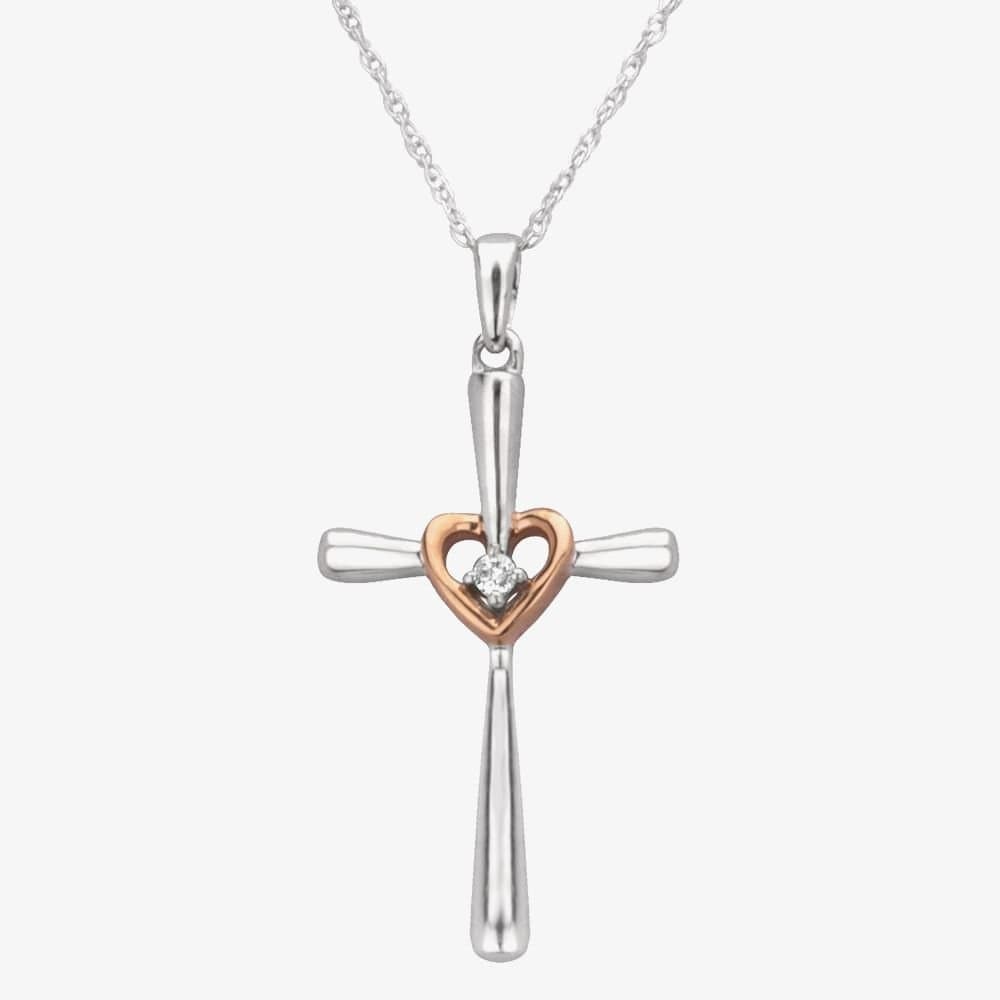 T.H.Baker T.H.Baker Women's 9ct Two Tone Gold 0.01ct Diamond Cross & Heart Pendant TH0121843