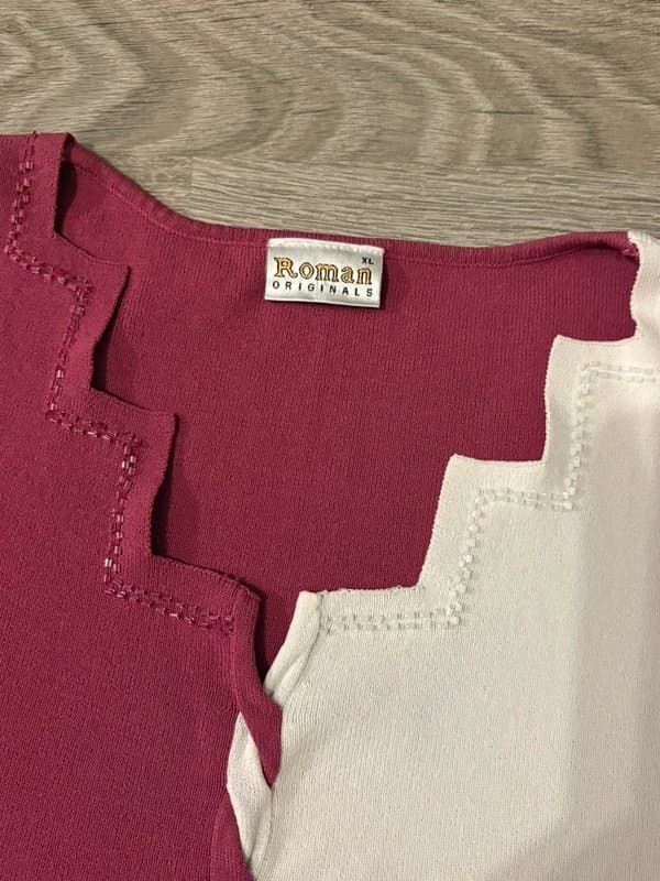 ROMAN Vintage 90s Roman Originals Colour Block Knit Top XL Shoulder Pads Pink & White Retro Blouse