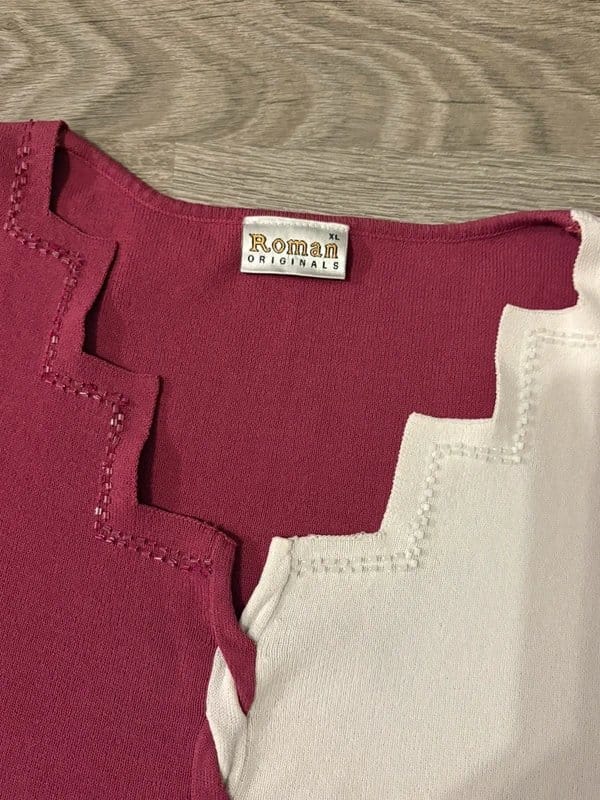 ROMAN Vintage 90s Roman Originals Colour Block Knit Top XL Shoulder Pads Pink & White Retro Blouse - 1