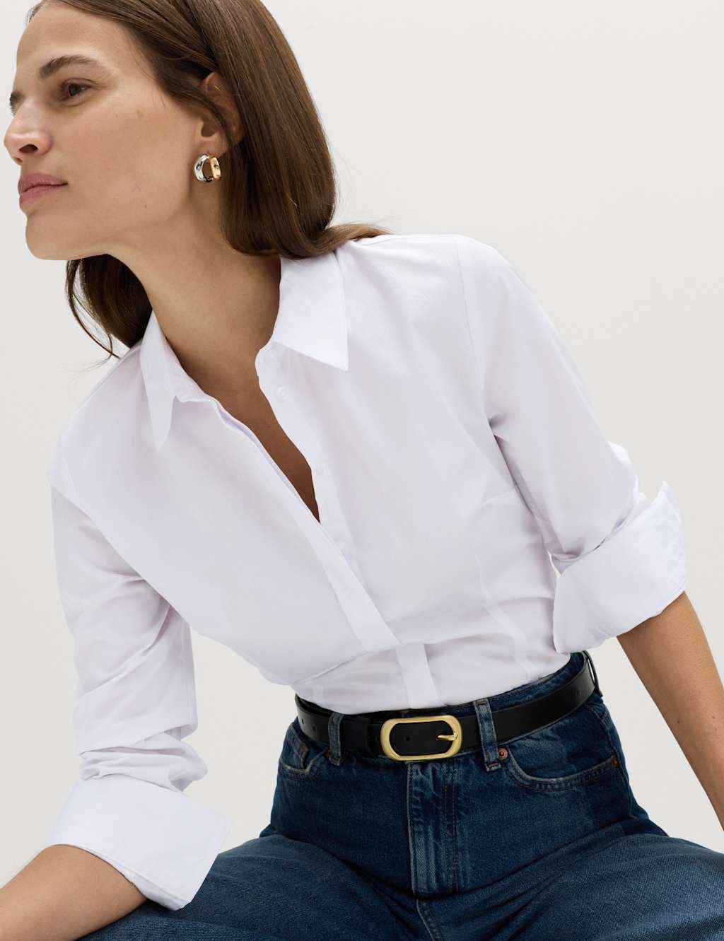 Marks & Spencer M&S Cotton Rich Collared Fitted Shirt Soft White - 1