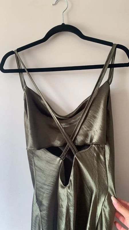 ASOS Khaki Satin Cowl Neck Mini Dress with Cross Back