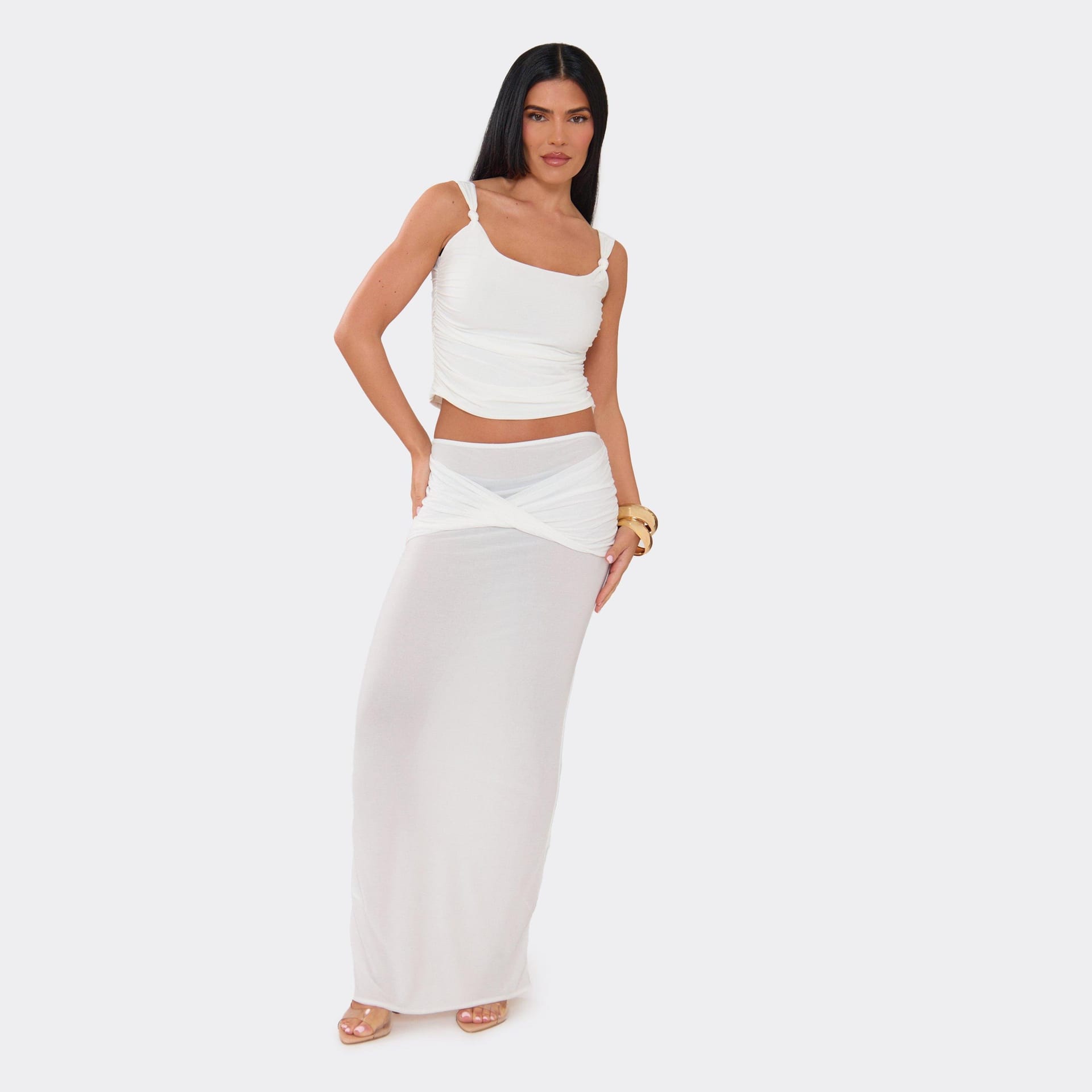 EGO White Chiffon Twist Front Maxi Skirt