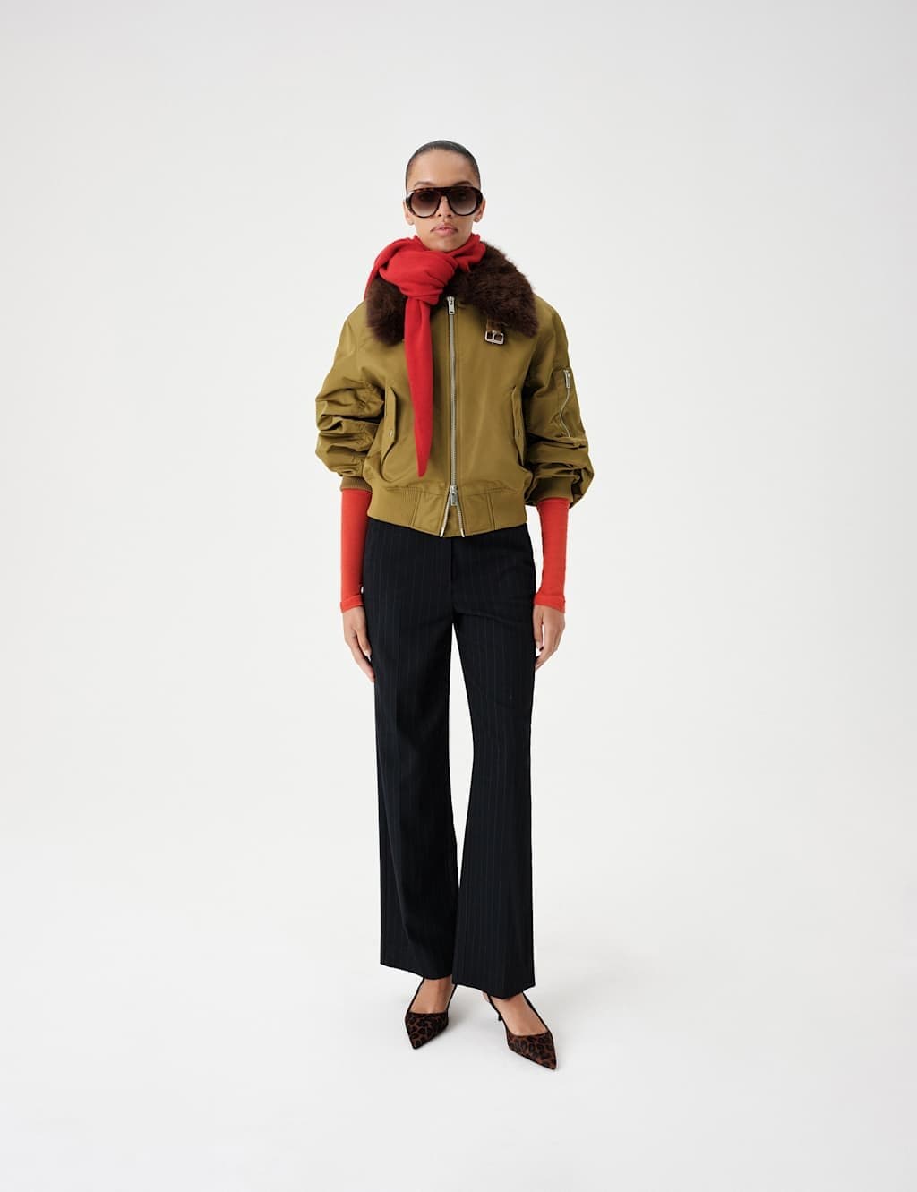 Marks & Spencer M&S Faux Fur Trim Cropped Bomber Jacket Khaki