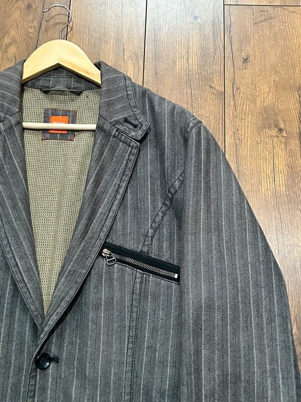 Hugo Boss Hugo Boss Orange Blazer Jacket Mens 46R Grey Cotton Stripe Button Up Vintage C64