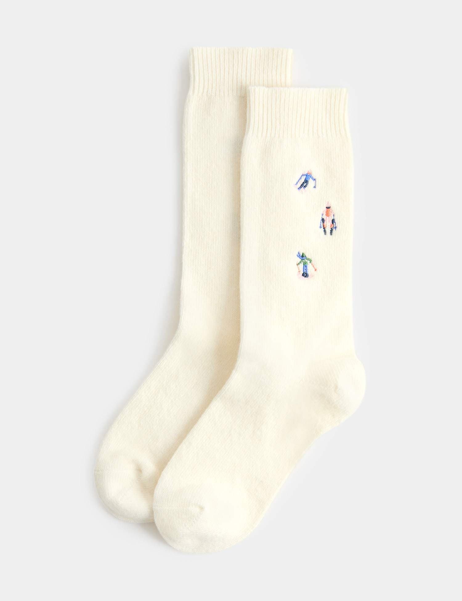 Marks & Spencer M&S Wool Blend Embroidered Ankle High Socks Cream Mix