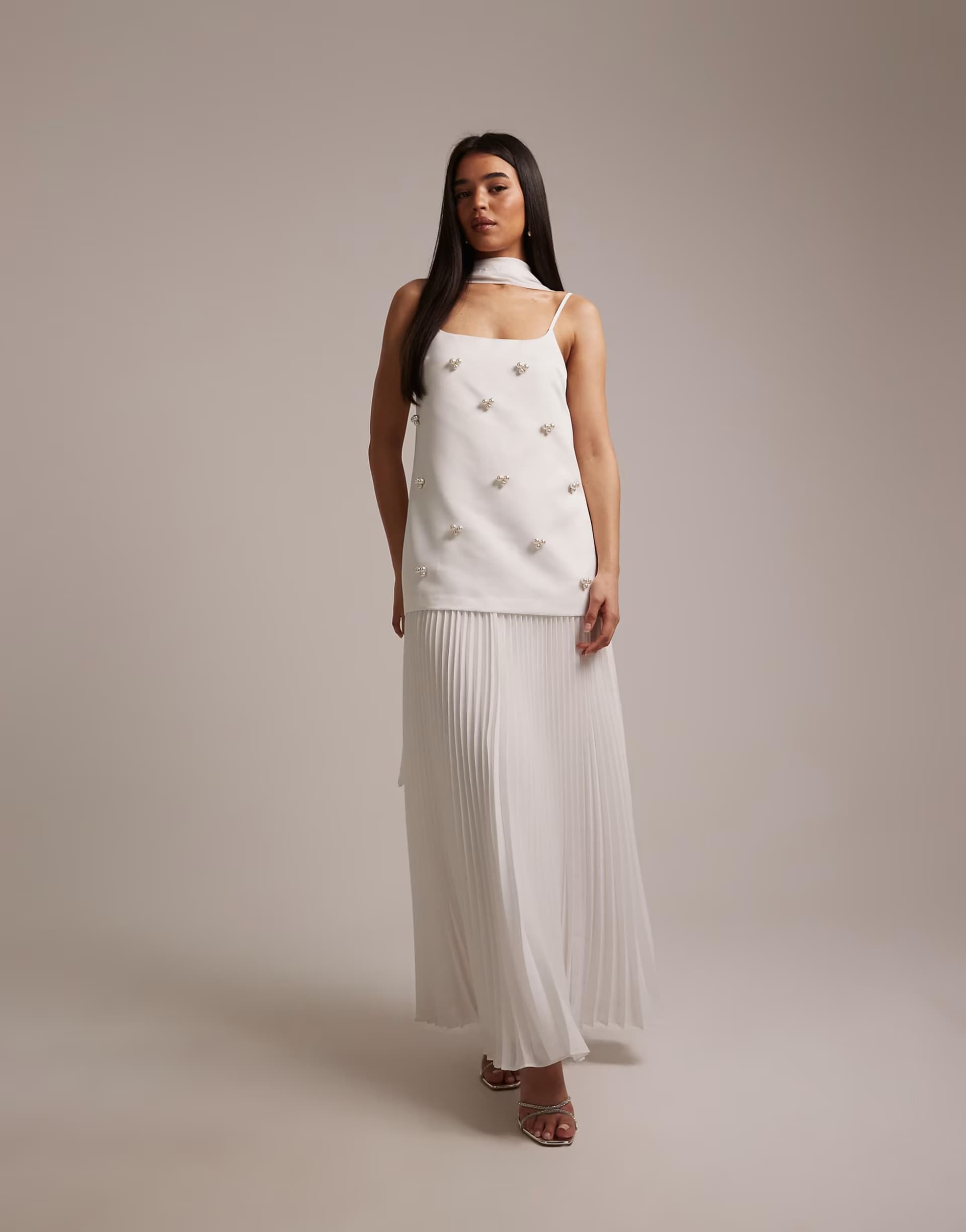 ASOS Six Stories Bridal pearl embellished pleated drop waist scarf detail maxi dress in white