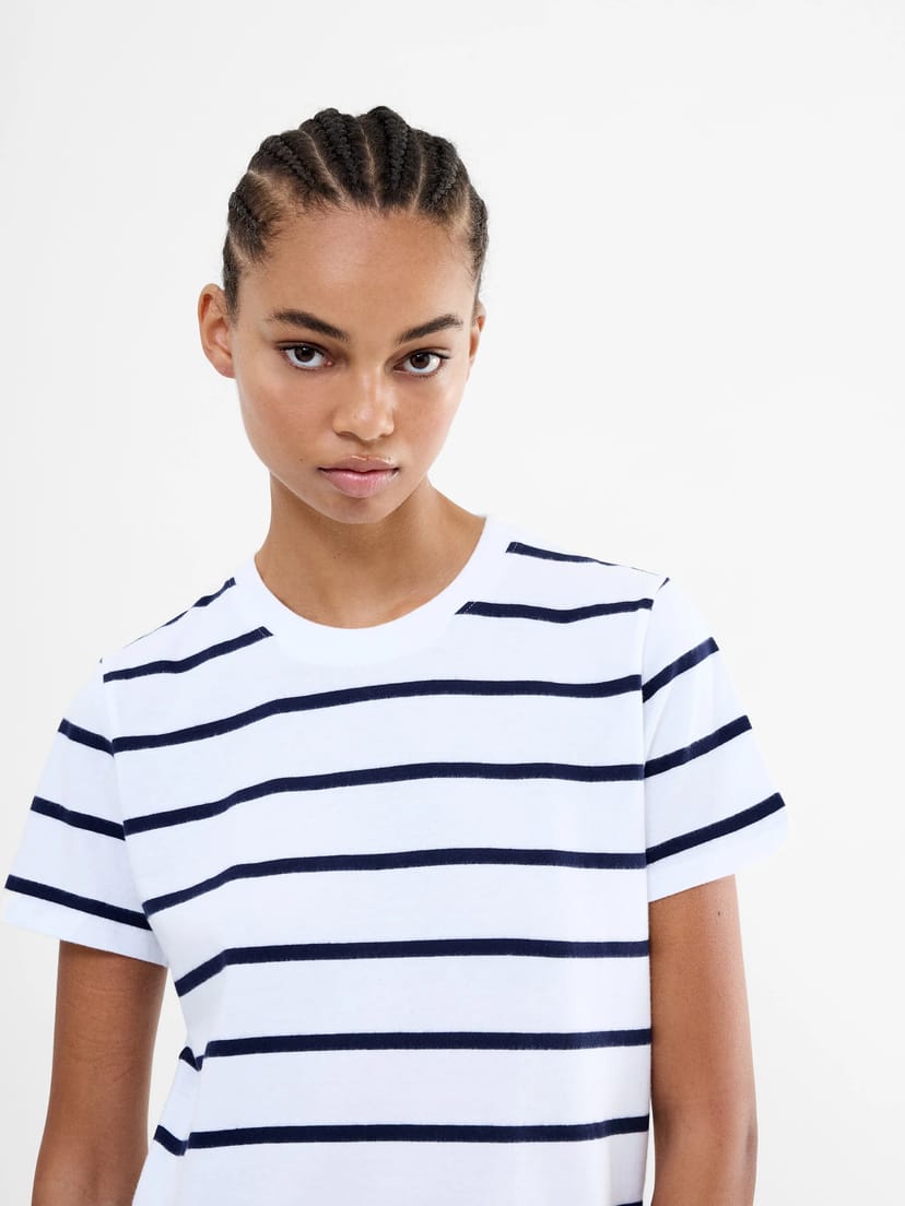 French Connection Monochrome Stripe Peached T-Shirt Winter White/Midnight - 1