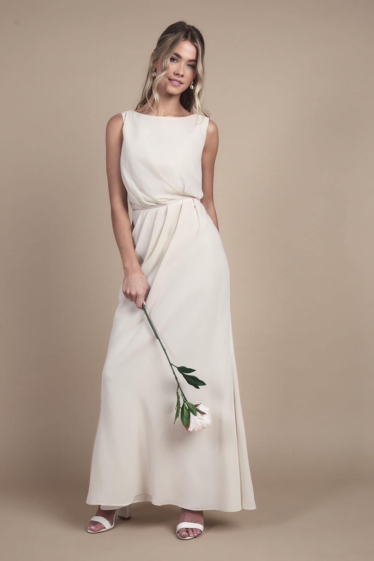 Coast Coast Women's Teen Bridesmaid Ruched Detail Satin Maxi Bridesmaid Dress in Champagne