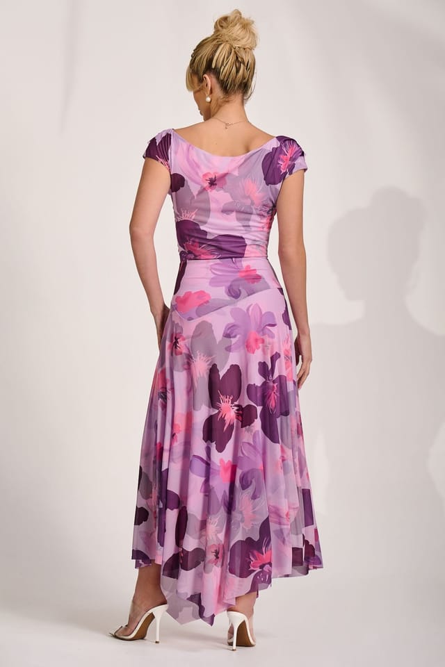 Jolie Moi Jolie Moi Women's Asymmetrical Draped Mesh Maxi Dress in Dark Pink - 2