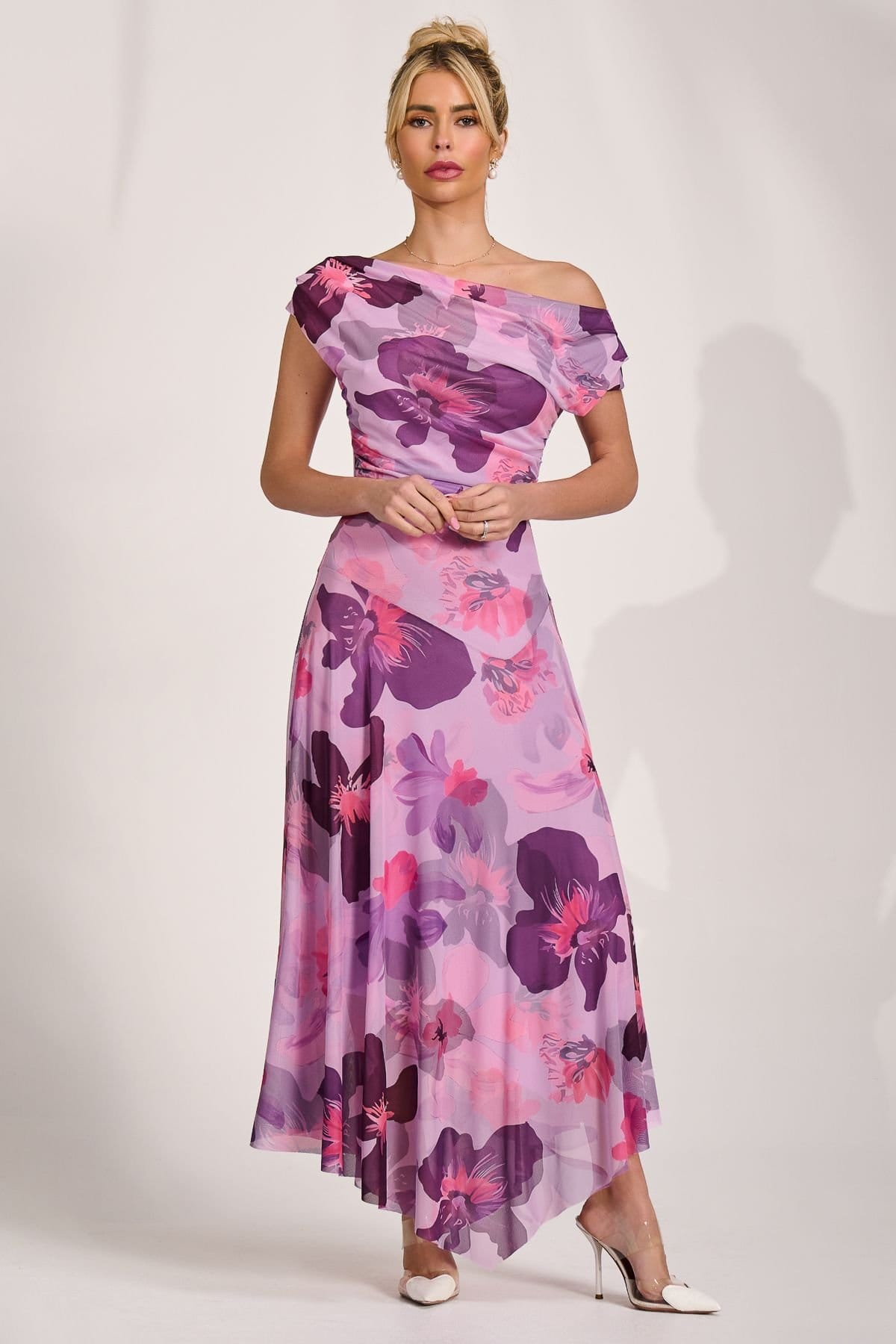 Jolie Moi Jolie Moi Women's Asymmetrical Draped Mesh Maxi Dress in Dark Pink - 4