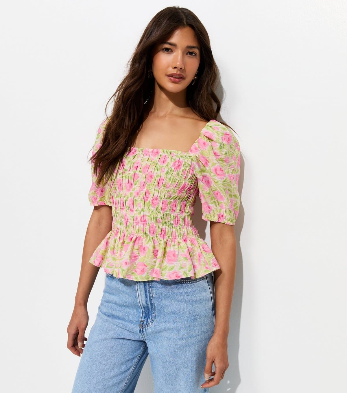 New Look Women's Pink Rose Print Shirred Puff Sleeve Top New Look