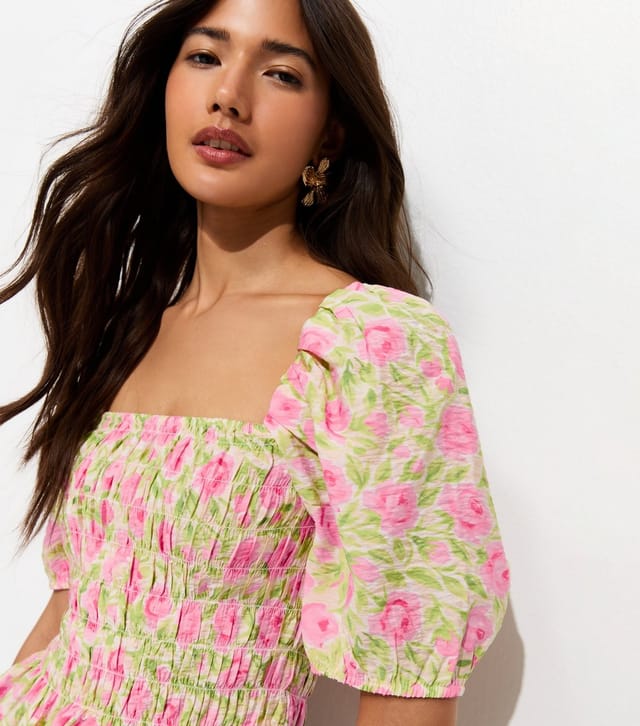 New Look Women's Pink Rose Print Shirred Puff Sleeve Top New Look - 2