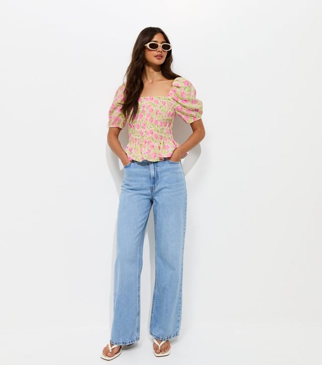 New Look Women's Pink Rose Print Shirred Puff Sleeve Top New Look - 3