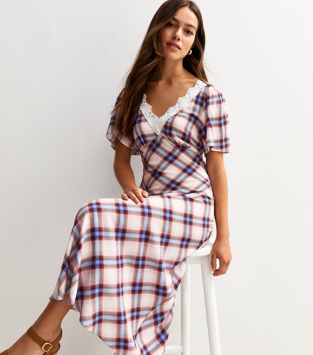 New Look Women's Petite Off White Checked Lace Trim Midi Dress New Look