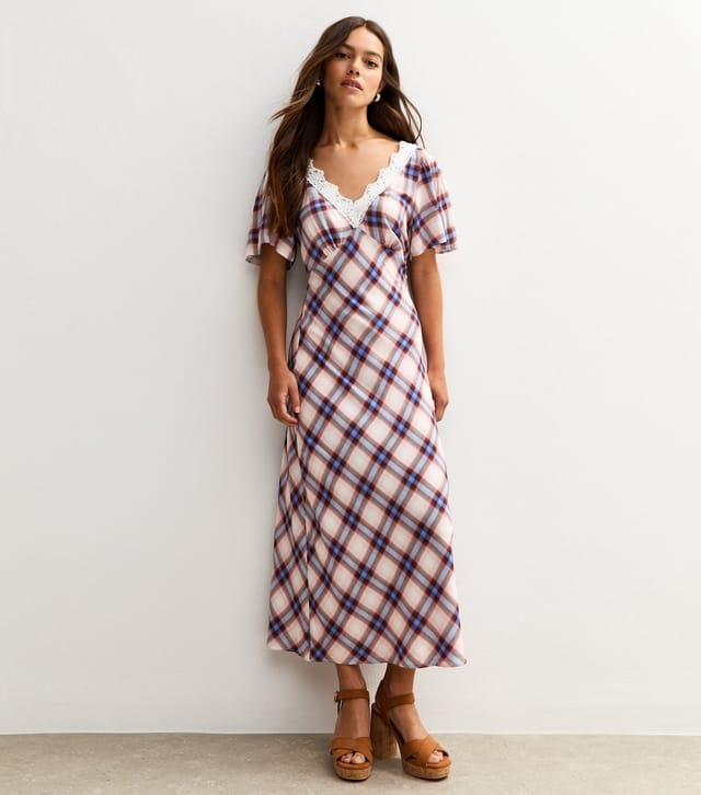 New Look Women's Petite Off White Checked Lace Trim Midi Dress New Look - 3