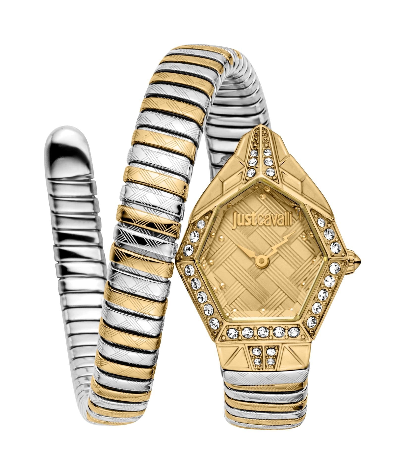 Just Cavalli Just Cavalli Women's JC1L303M0055 Ornato Gold Dial Two Tone Silver & Gold Snake Diamond Analog Watch for Women