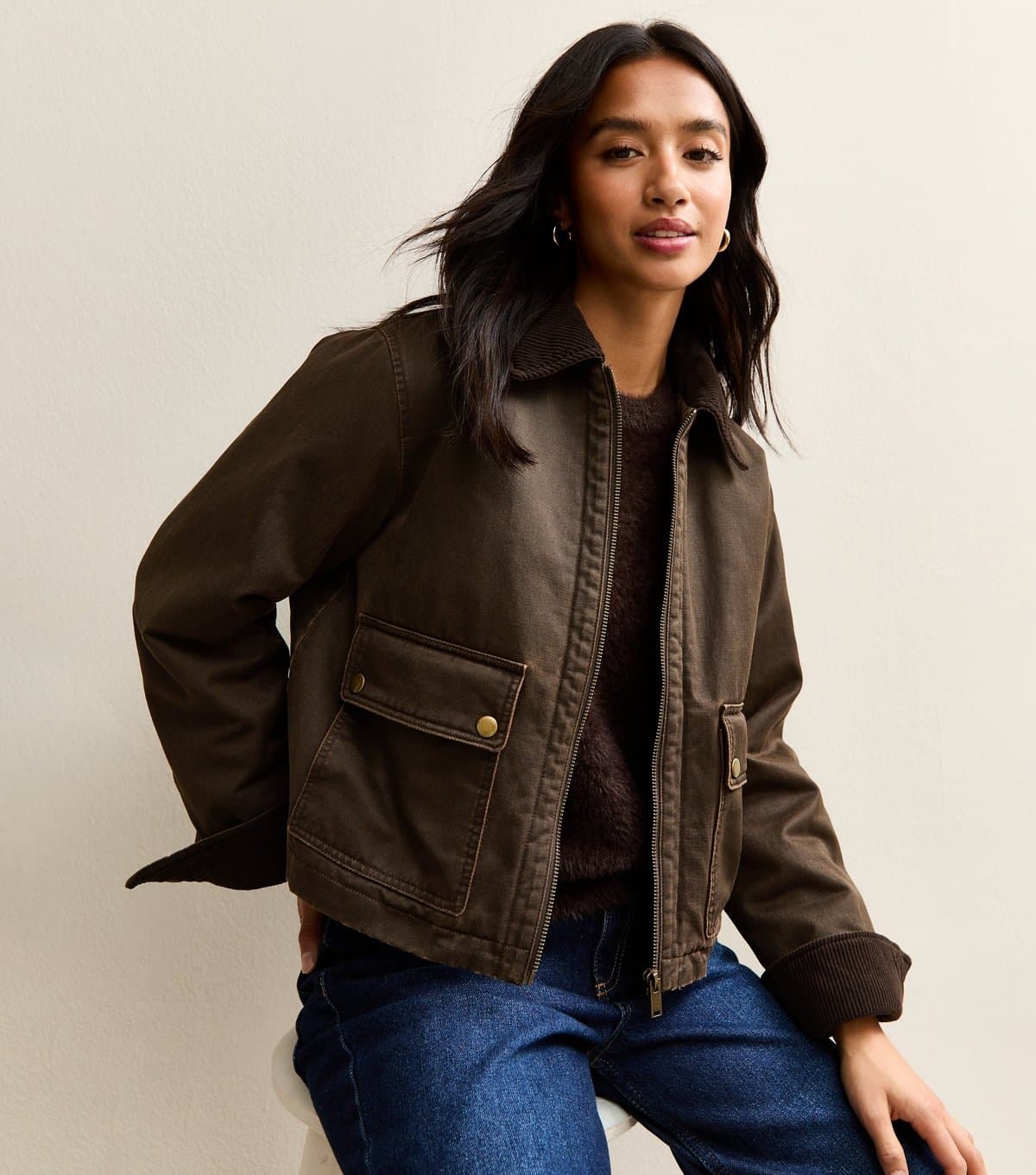 New Look Women's Petite Dark Brown Waxed Barn Jacket New Look