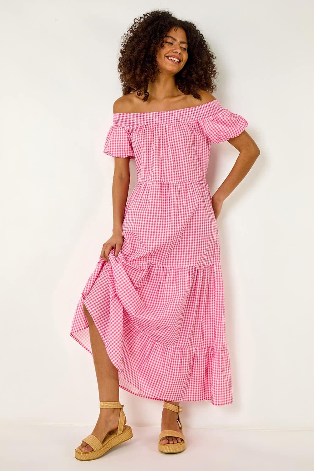 Dusk Dusk Women's Gingham Bardot Tiered Maxi Dress in Pink
