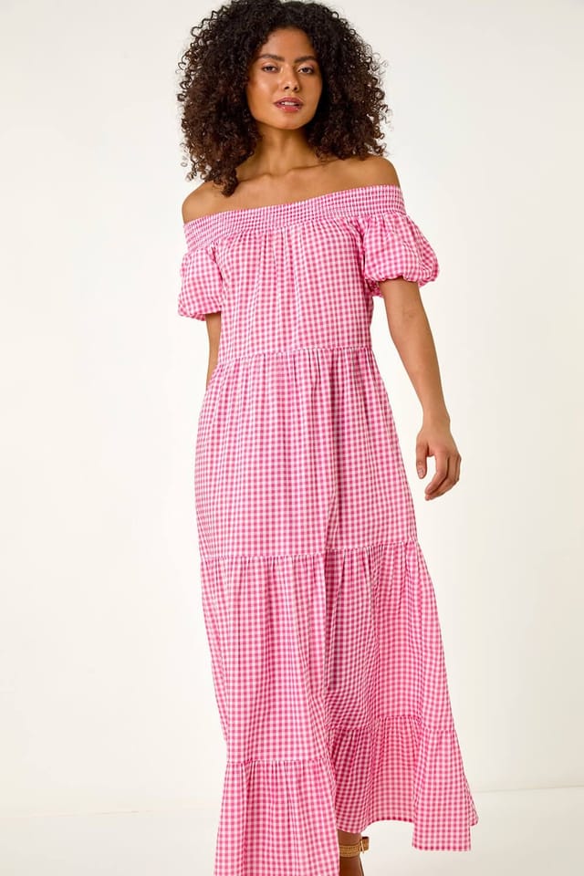 Dusk Dusk Women's Gingham Bardot Tiered Maxi Dress in Pink - 2