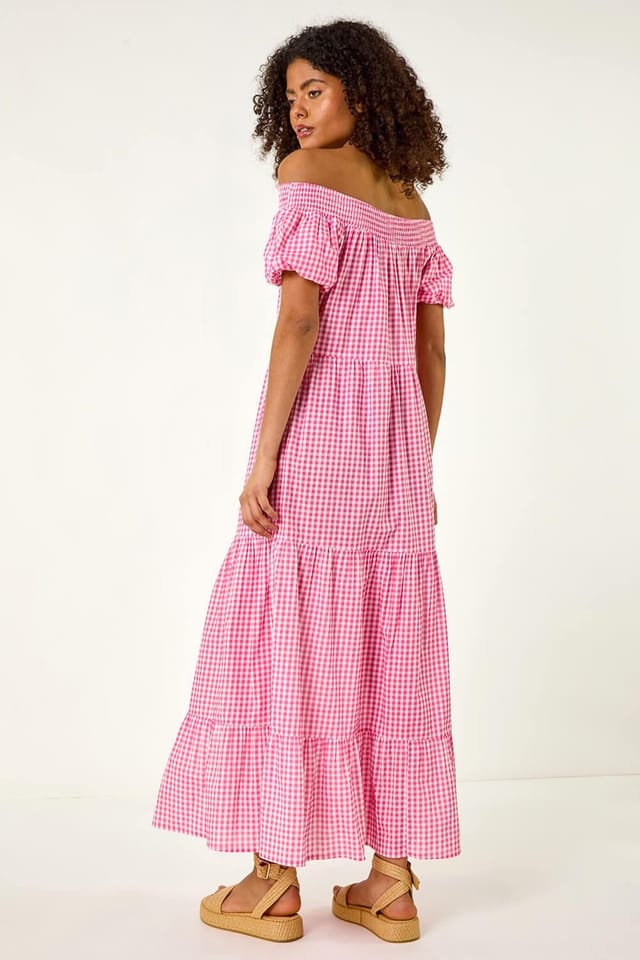 Dusk Dusk Women's Gingham Bardot Tiered Maxi Dress in Pink - 3