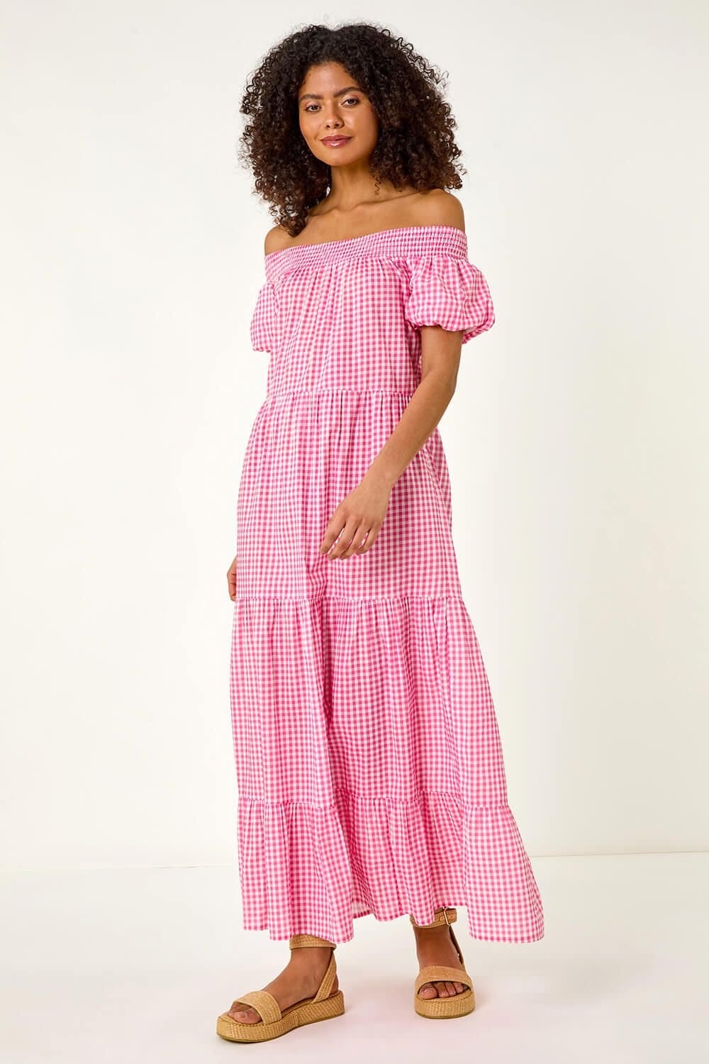 Dusk Dusk Women's Gingham Bardot Tiered Maxi Dress in Pink - 4