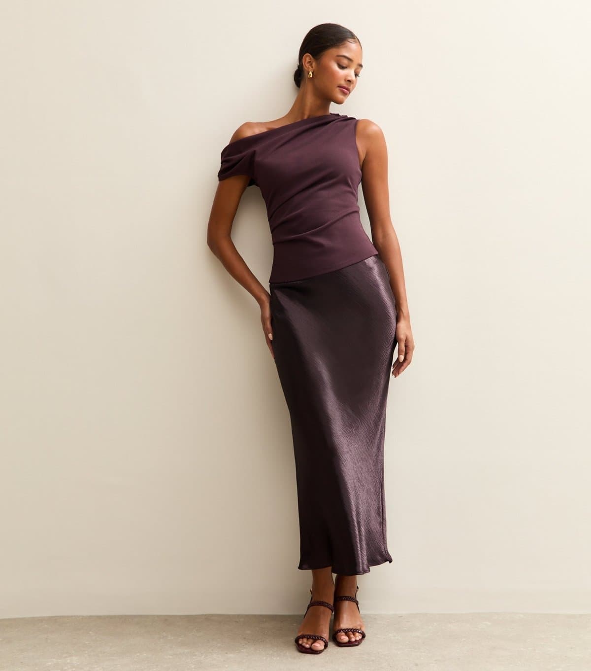 New Look New Look Dark Burgundy Satin Midi Skirt