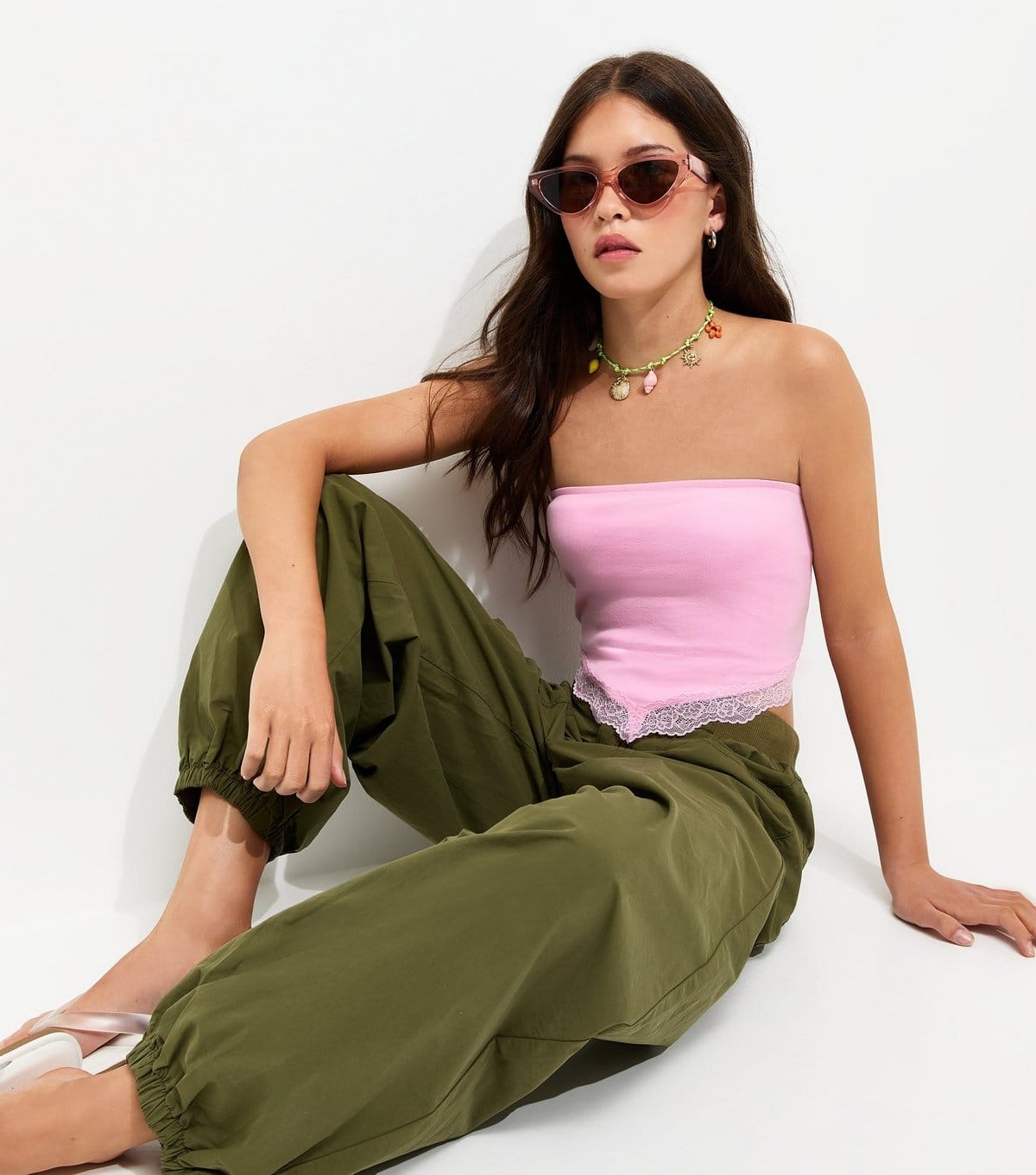 New Look Pink Lace Trim Bandeau Top