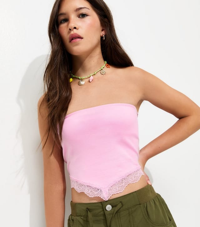 New Look Girls' Pink Lace Trim Handkerchief Hem Bandeau Top New Look - 2