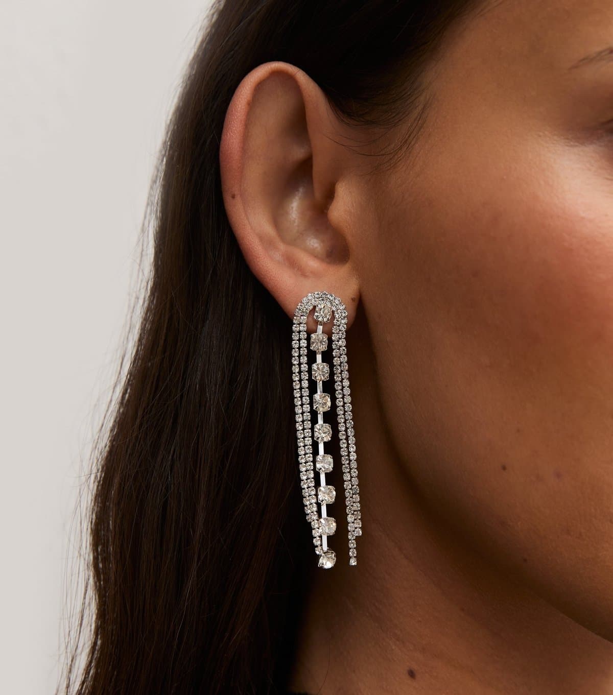 New Look Silver Tone Diamante and Gem Drop Tassel Earrings New Look