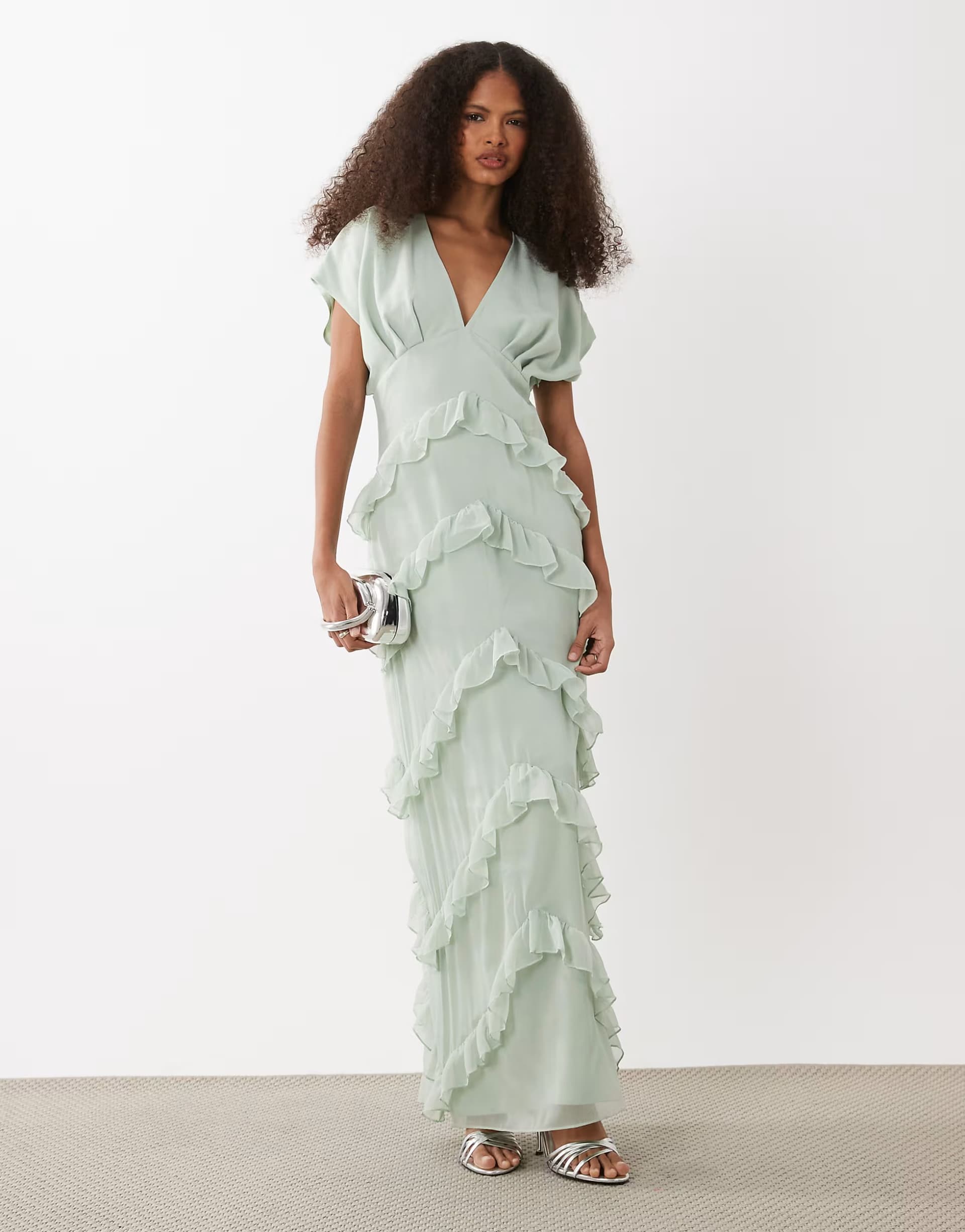 ASOS Pretty Lavish chiffon v neck ruffle maxi dress in sage green