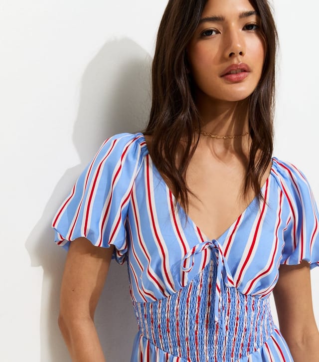 New Look Women's Blue Striped Puff Sleeve Shirred Waist Midi Dress New Look - 2