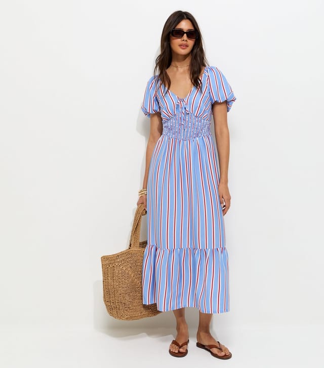 New Look Women's Blue Striped Puff Sleeve Shirred Waist Midi Dress New Look - 3