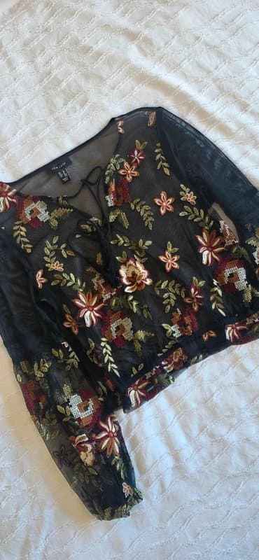 New Look New Look Black Floral Embroidered Mesh Sheer Tie Neck Blouse UK 12 Like New