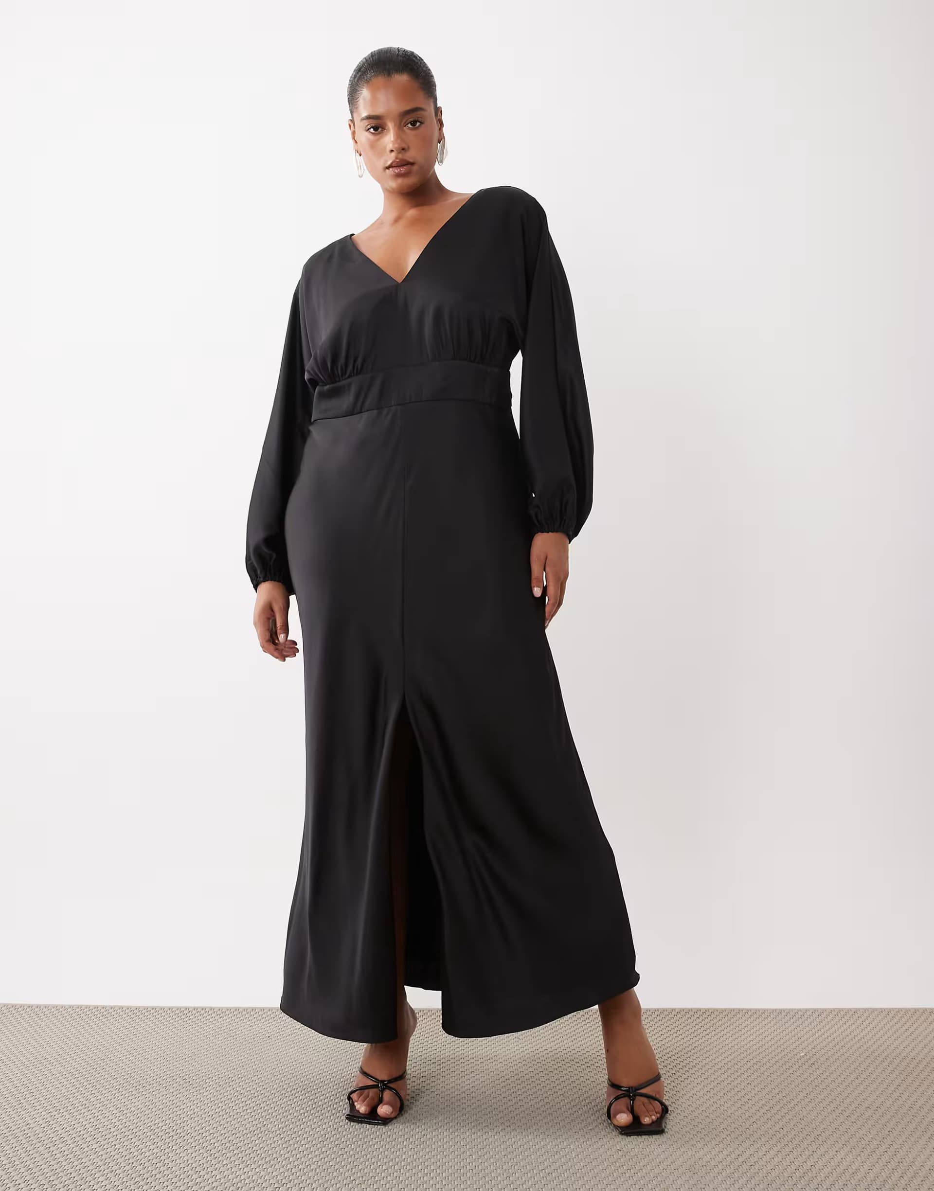 ASOS Forever New Curve satin v neck batwing slit front maxi dress in black