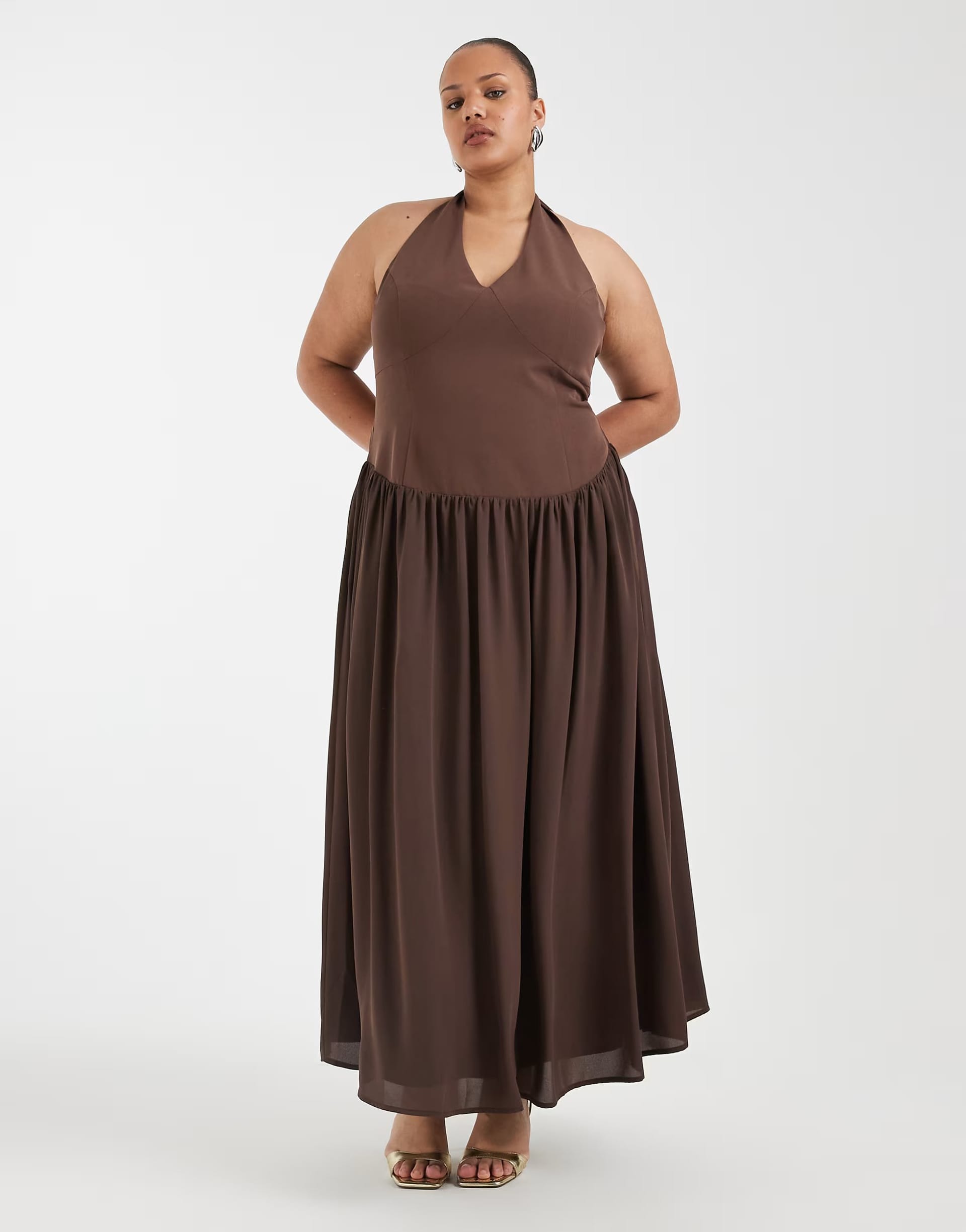 ASOS Curve Brown Satin Halter Neck Maxi Dress