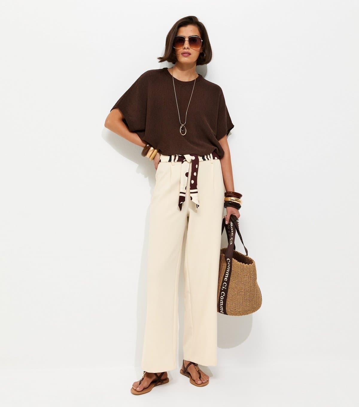 New Look Women's Stone Tailored Wide Leg Scarf Belt Trousers New Look